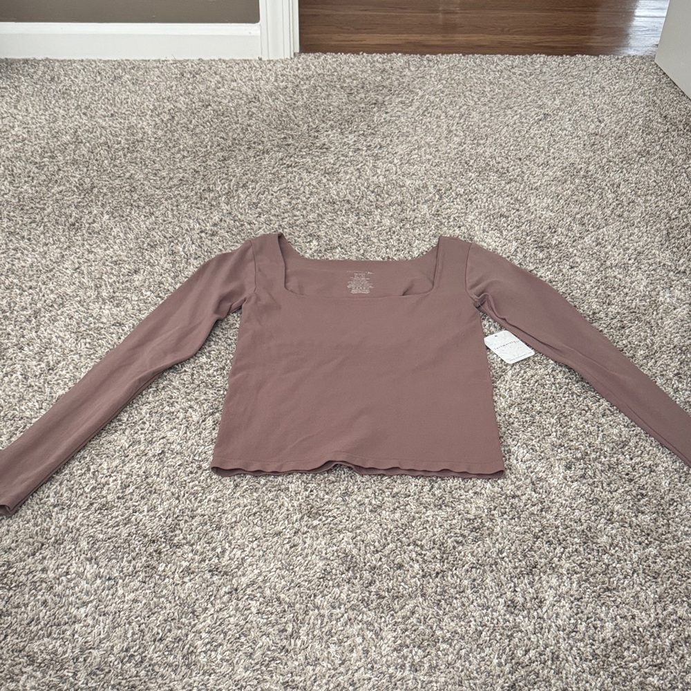 Free People Brown Square-Neck Long Sleeve Top